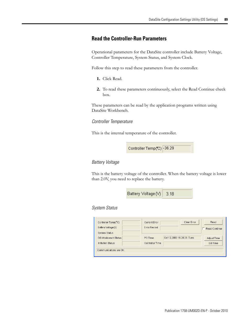 Read the controller-run parameters | Rockwell Automation 1758-RTU202 DataSite Software User Manual FRN 1.2 User Manual | Page 89 / 348