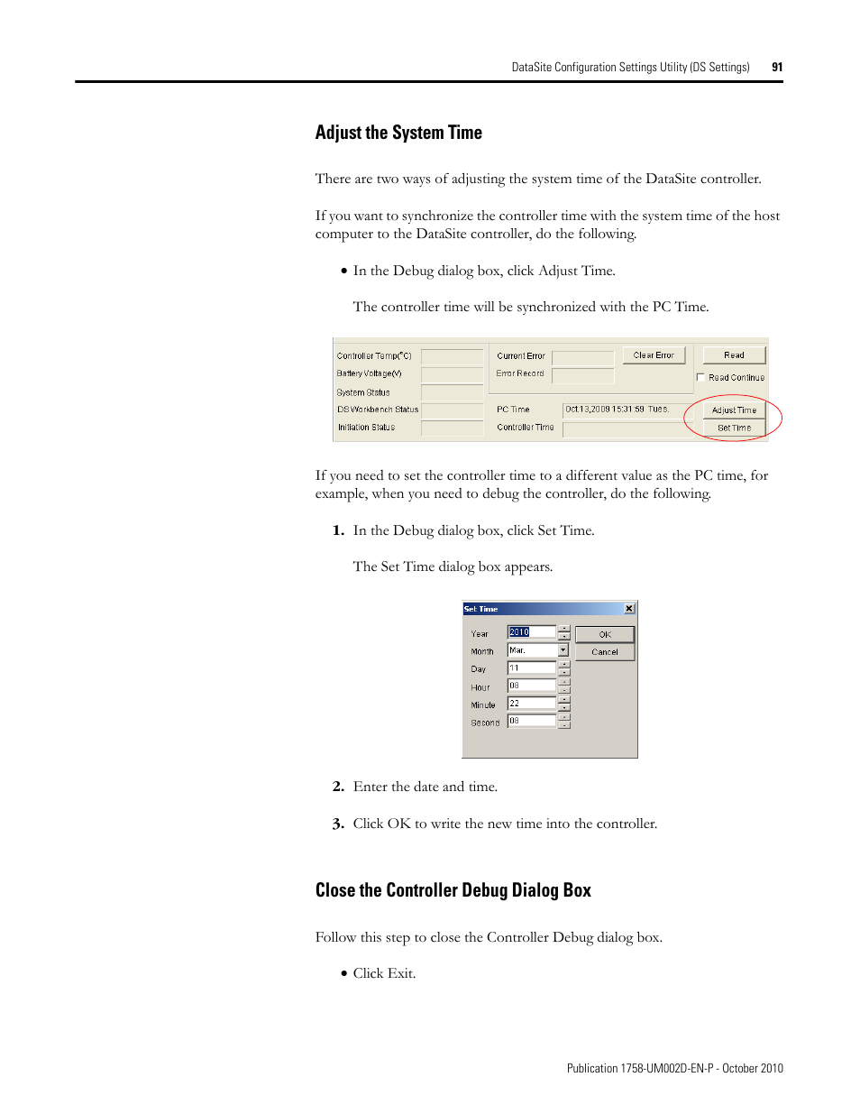 Adjust the system time, Close the controller debug dialog box | Rockwell Automation 1758-RTU202 DataSite Software User Manual FRN 1.2 User Manual | Page 91 / 348