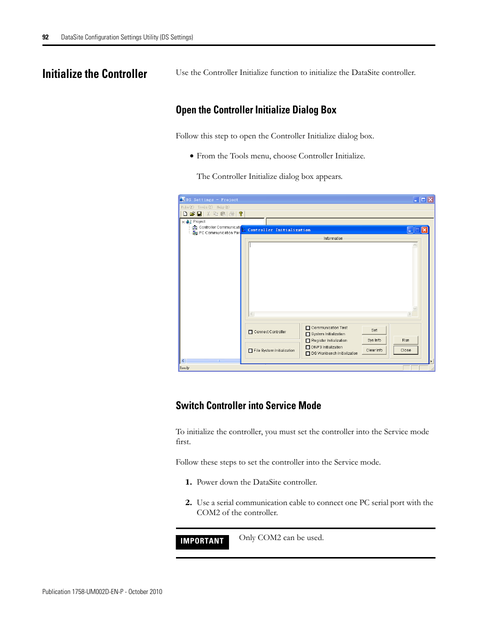 Initialize the controller, Open the controller initialize dialog box, Switch controller into service mode | Rockwell Automation 1758-RTU202 DataSite Software User Manual FRN 1.2 User Manual | Page 92 / 348