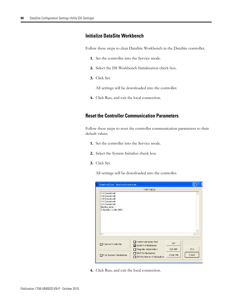 Initialize datasite workbench, Reset the controller communication parameters | Rockwell Automation 1758-RTU202 DataSite Software User Manual FRN 1.2 User Manual | Page 94 / 348