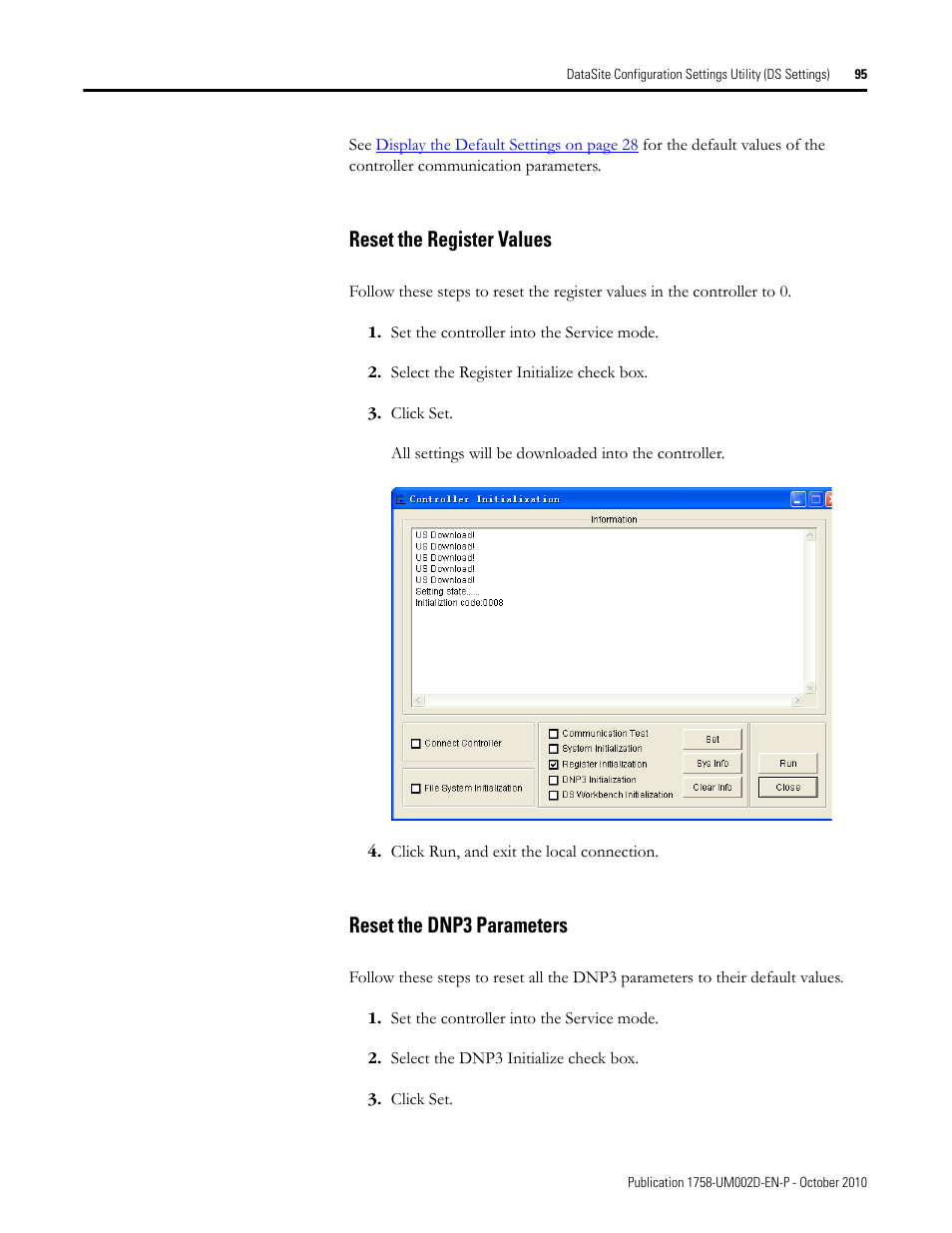 Reset the register values, Reset the dnp3 parameters | Rockwell Automation 1758-RTU202 DataSite Software User Manual FRN 1.2 User Manual | Page 95 / 348