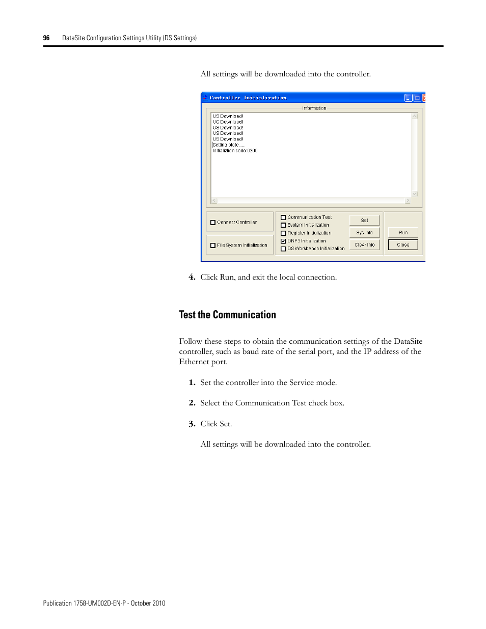 Test the communication | Rockwell Automation 1758-RTU202 DataSite Software User Manual FRN 1.2 User Manual | Page 96 / 348