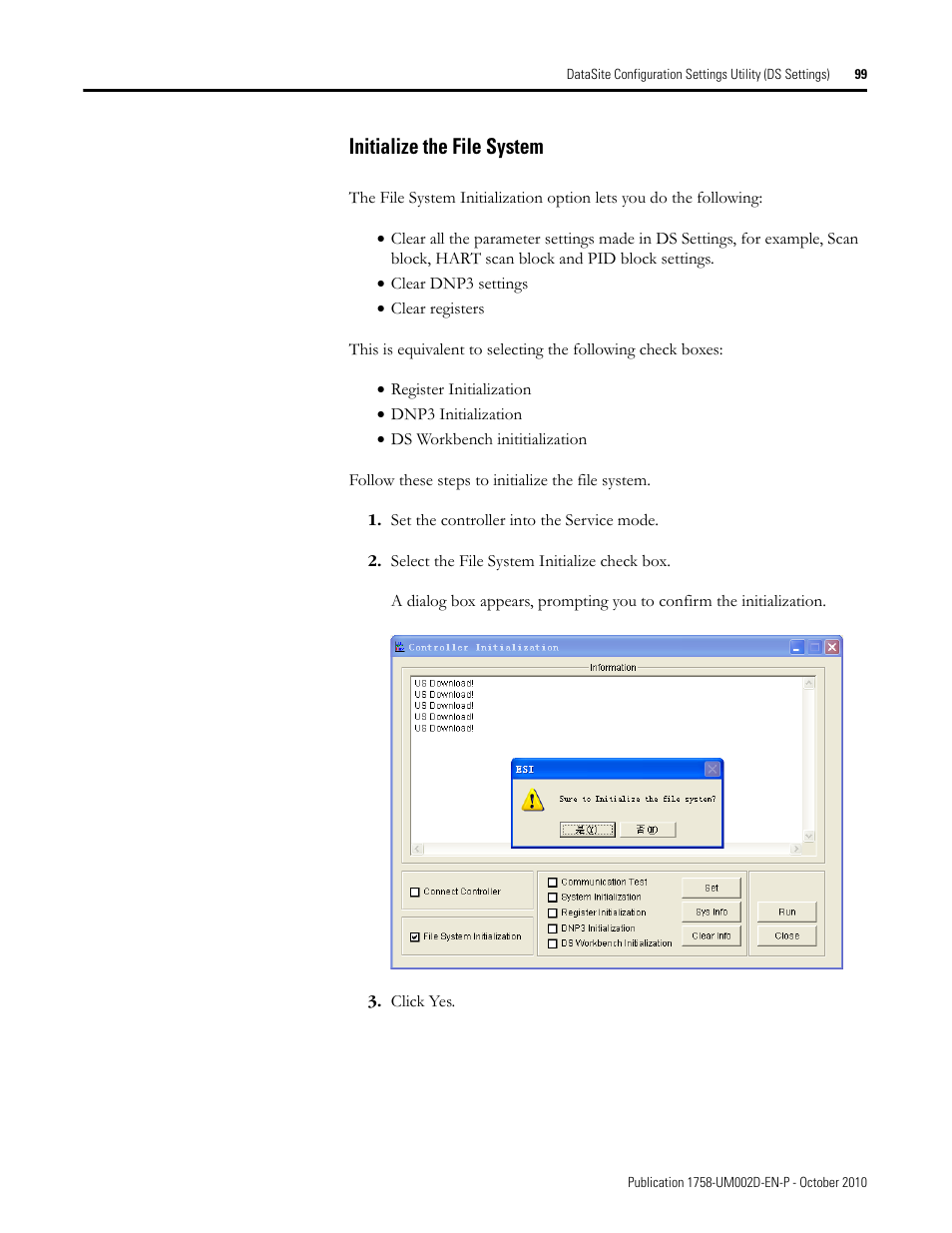 Initialize the file system | Rockwell Automation 1758-RTU202 DataSite Software User Manual FRN 1.2 User Manual | Page 99 / 348