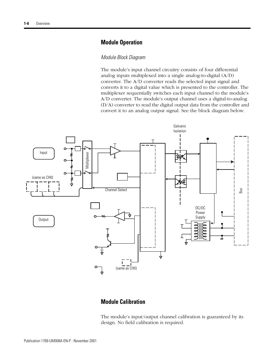 Module operation -6 module calibration -6, Module operation, Module calibration | Module block diagram | Rockwell Automation 1769-IF4XOF2 Compact 8-Bit Low Resolution Analog I/O Combination Module User Manual | Page 16 / 104