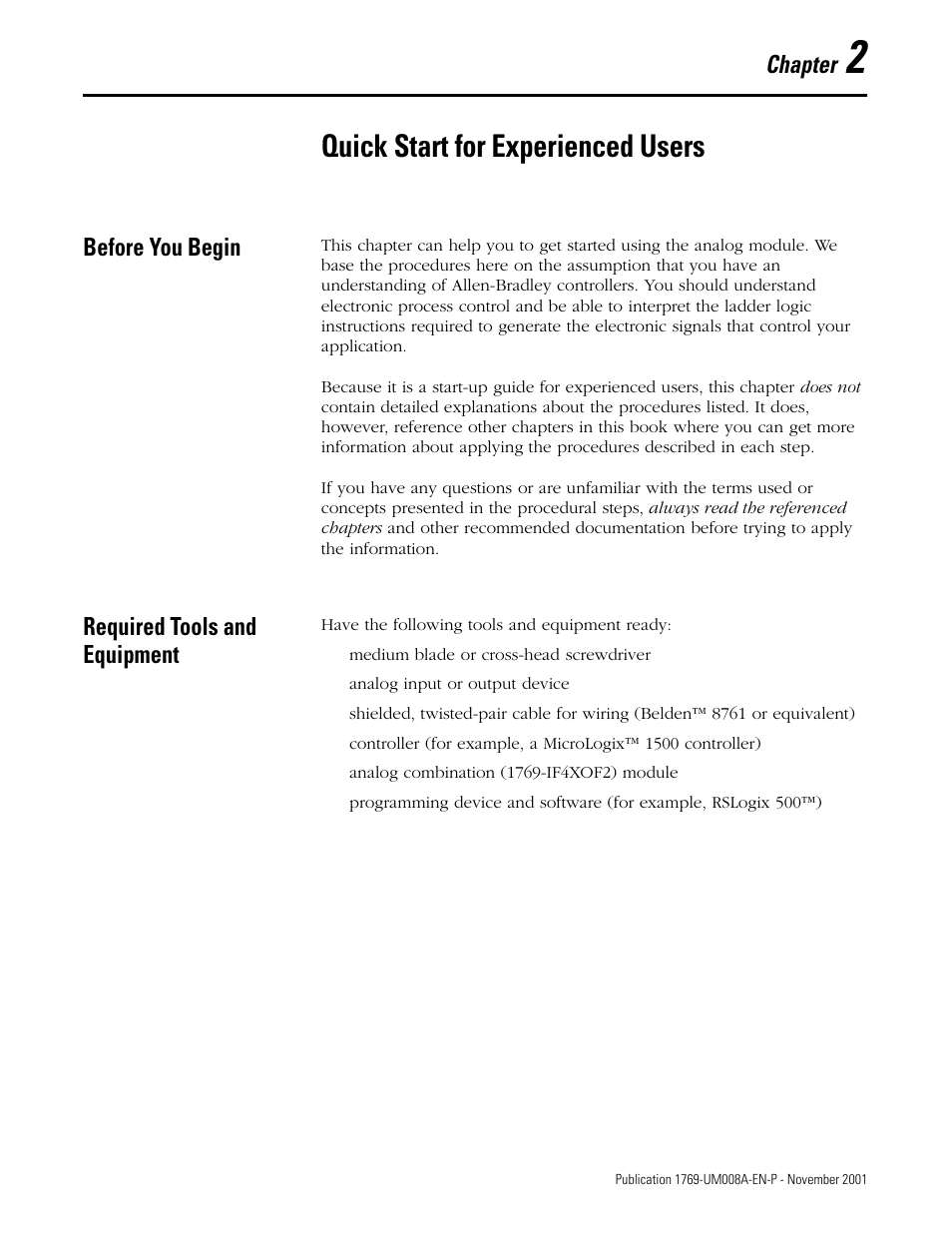 2 - quick start for experienced users, Before you begin, Required tools and equipment | Chapter 2, Quick start for experienced users, Chapter | Rockwell Automation 1769-IF4XOF2 Compact 8-Bit Low Resolution Analog I/O Combination Module User Manual | Page 17 / 104