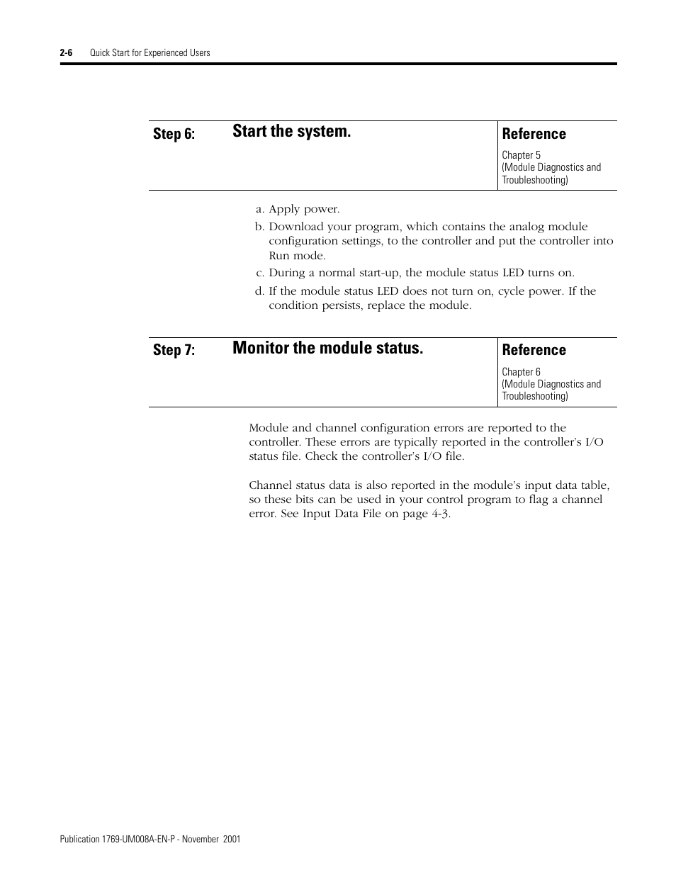 Start the system, Monitor the module status | Rockwell Automation 1769-IF4XOF2 Compact 8-Bit Low Resolution Analog I/O Combination Module User Manual | Page 22 / 104