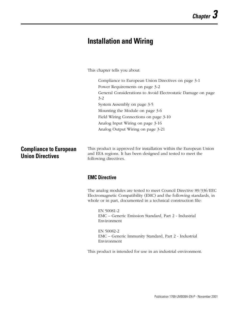 3 - installation and wiring, Compliance to european union directives, Chapter 3 | Installation and wiring, Compliance to european union directives -1, Emc directive -1, Chapter | Rockwell Automation 1769-IF4XOF2 Compact 8-Bit Low Resolution Analog I/O Combination Module User Manual | Page 23 / 104