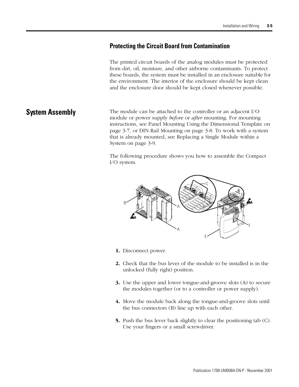 System assembly, Protecting the circuit board from contamination -5, System assembly -5 | Protecting the circuit board from contamination | Rockwell Automation 1769-IF4XOF2 Compact 8-Bit Low Resolution Analog I/O Combination Module User Manual | Page 27 / 104