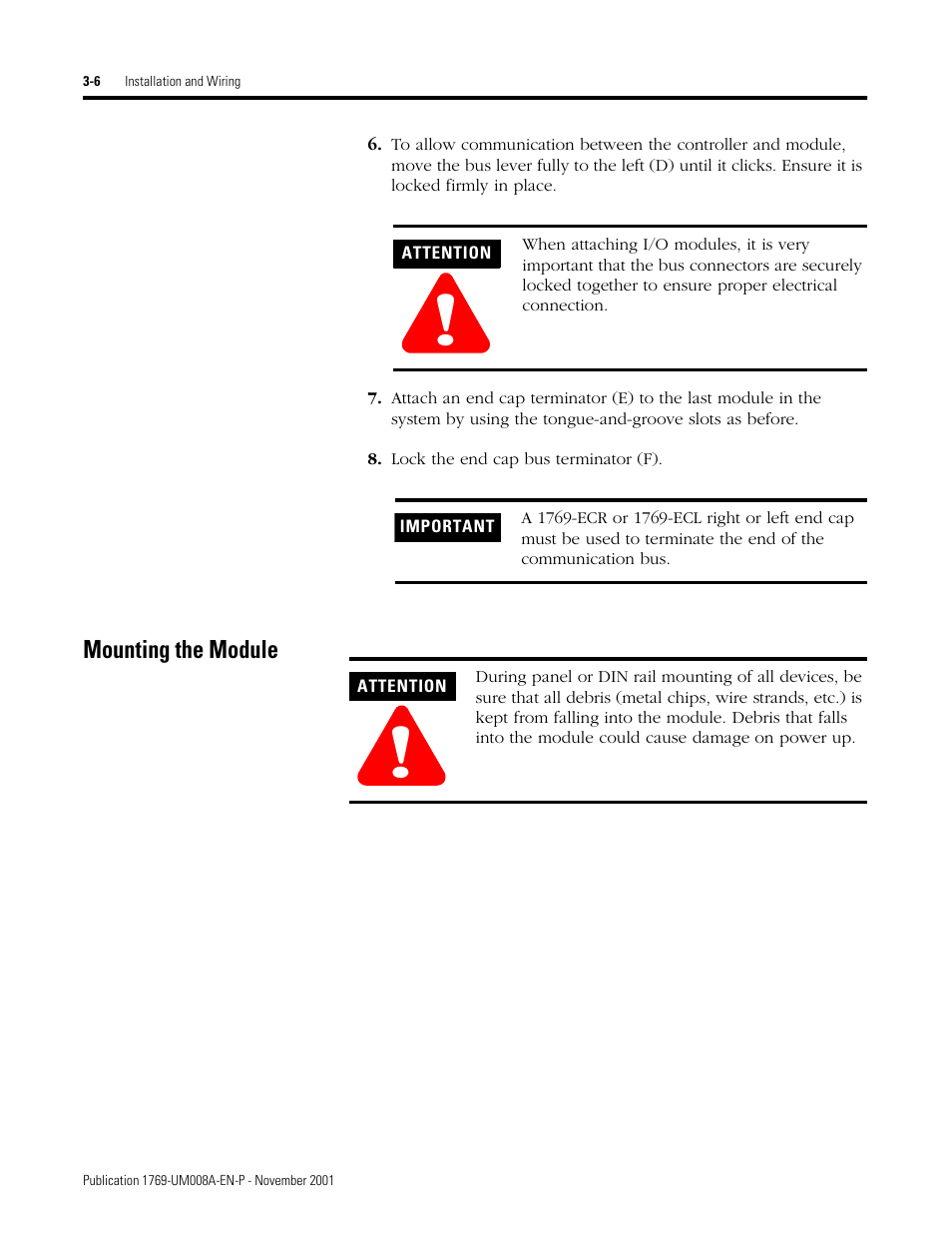 Mounting the module, Mounting the module -6 | Rockwell Automation 1769-IF4XOF2 Compact 8-Bit Low Resolution Analog I/O Combination Module User Manual | Page 28 / 104