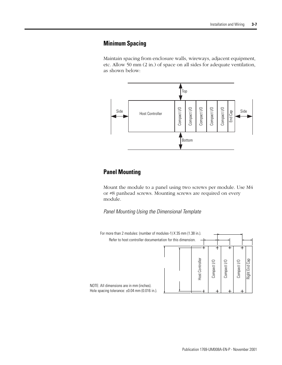 Minimum spacing -7 panel mounting -7, Minimum spacing, Panel mounting | Panel mounting using the dimensional template | Rockwell Automation 1769-IF4XOF2 Compact 8-Bit Low Resolution Analog I/O Combination Module User Manual | Page 29 / 104