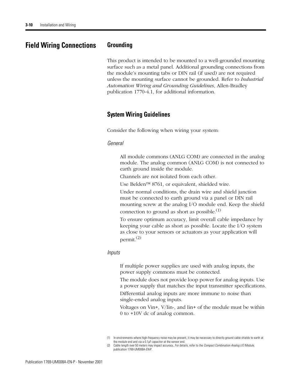 Field wiring connections, Field wiring connections -10, Grounding -10 system wiring guidelines -10 | Grounding, System wiring guidelines | Rockwell Automation 1769-IF4XOF2 Compact 8-Bit Low Resolution Analog I/O Combination Module User Manual | Page 32 / 104