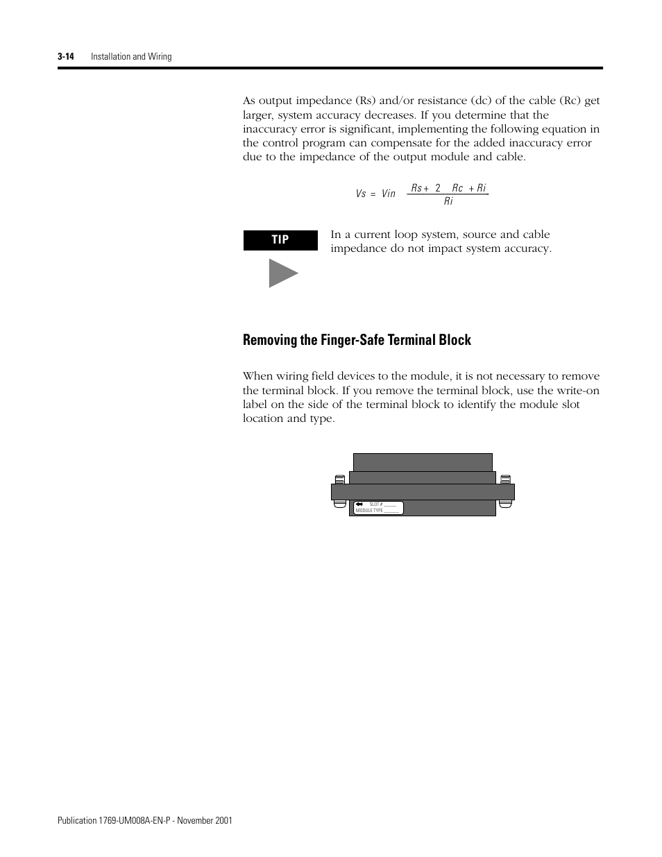 Removing the finger-safe terminal block -14, Removing the finger-safe terminal block | Rockwell Automation 1769-IF4XOF2 Compact 8-Bit Low Resolution Analog I/O Combination Module User Manual | Page 36 / 104