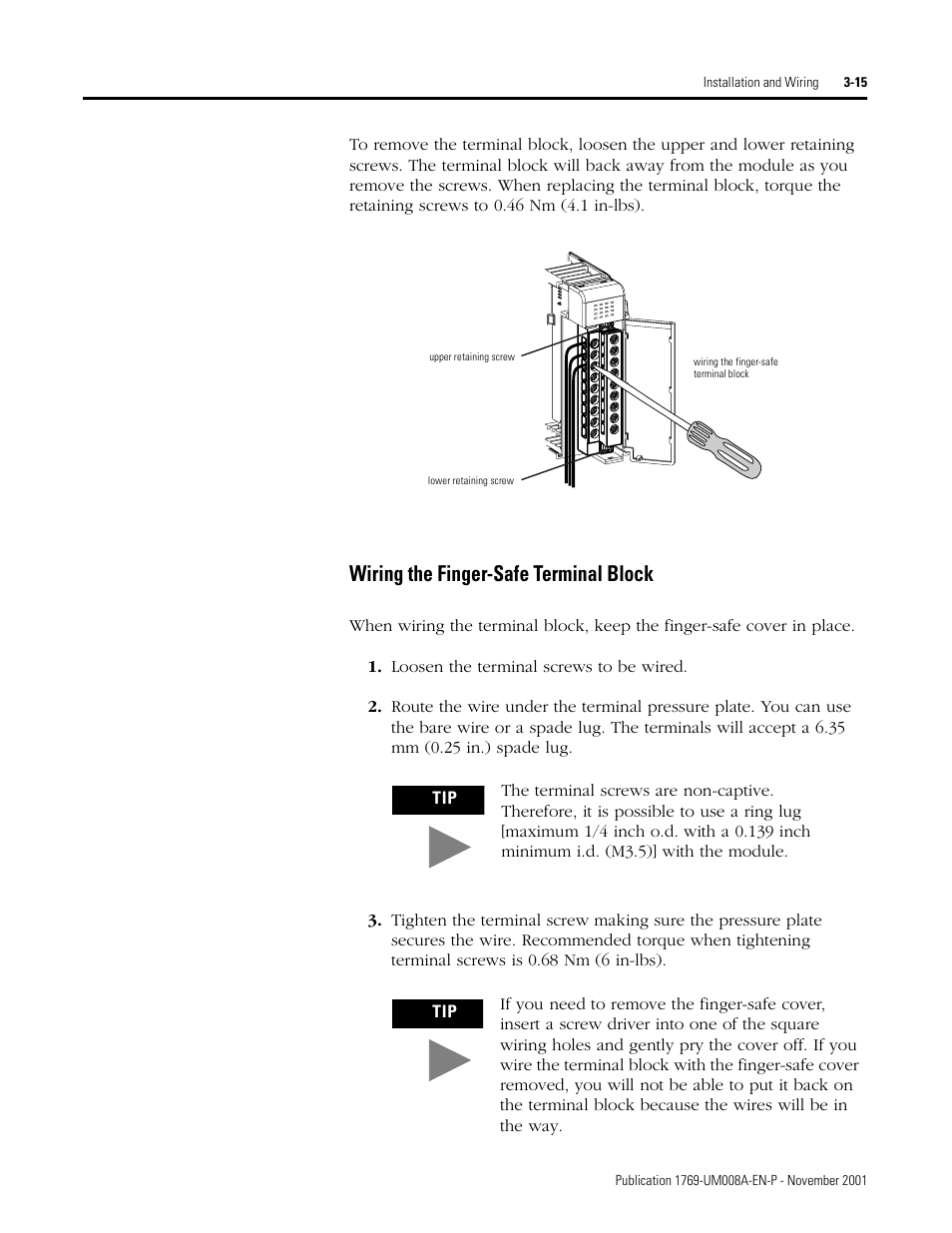 Wiring the finger-safe terminal block -15, Wiring the finger-safe terminal block | Rockwell Automation 1769-IF4XOF2 Compact 8-Bit Low Resolution Analog I/O Combination Module User Manual | Page 37 / 104