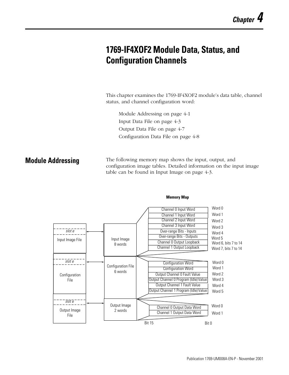 Module addressing, Chapter 4, Module addressing -1 | Chapter | Rockwell Automation 1769-IF4XOF2 Compact 8-Bit Low Resolution Analog I/O Combination Module User Manual | Page 45 / 104