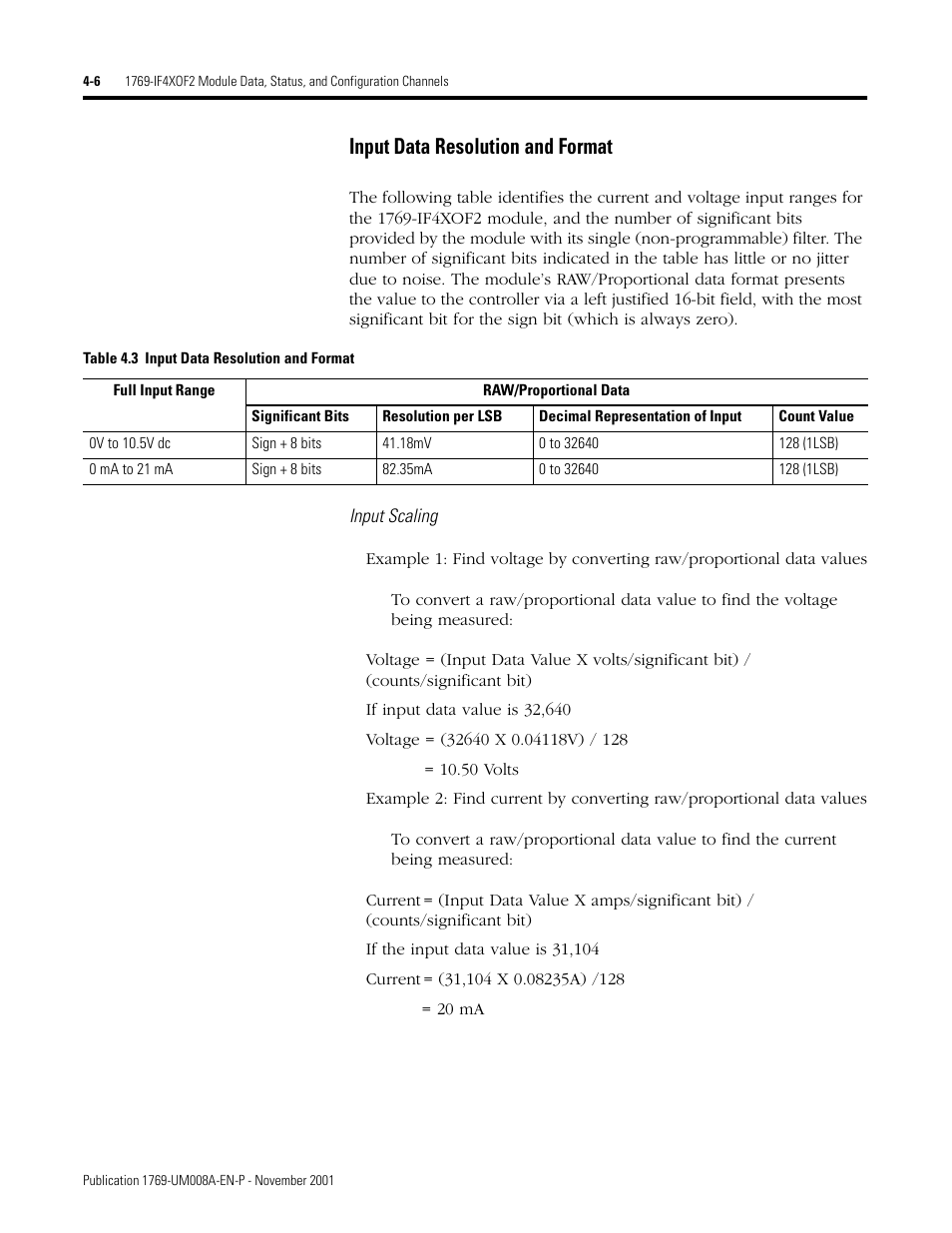 Input data resolution and format -6, Input data resolution and format | Rockwell Automation 1769-IF4XOF2 Compact 8-Bit Low Resolution Analog I/O Combination Module User Manual | Page 50 / 104