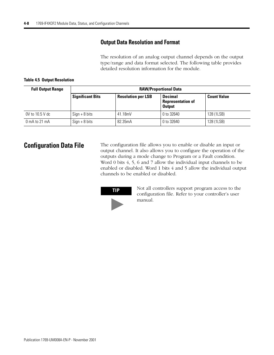 Configuration data file, Output data resolution and format -8, Configuration data file -8 | Output data resolution and format | Rockwell Automation 1769-IF4XOF2 Compact 8-Bit Low Resolution Analog I/O Combination Module User Manual | Page 52 / 104