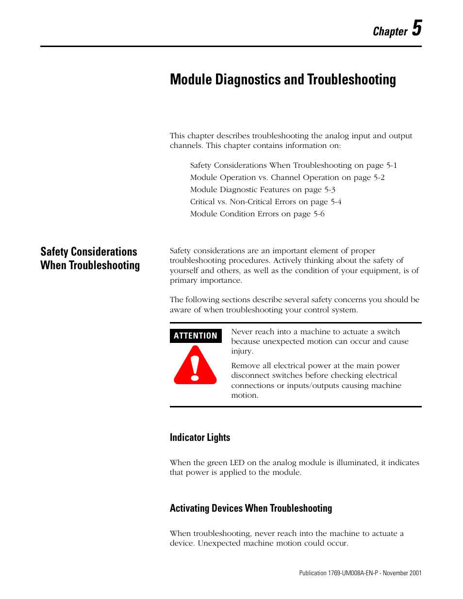 5 - module diagnostics and troubleshooting, Safety considerations when troubleshooting, Chapter 5 | Module diagnostics and troubleshooting, Safety considerations when troubleshooting -1 | Rockwell Automation 1769-IF4XOF2 Compact 8-Bit Low Resolution Analog I/O Combination Module User Manual | Page 61 / 104