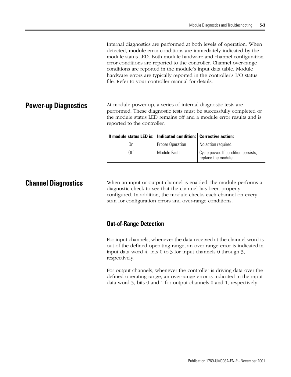 Power-up diagnostics, Channel diagnostics, Power-up diagnostics -3 channel diagnostics -3 | Out-of-range detection -3, Out-of-range detection | Rockwell Automation 1769-IF4XOF2 Compact 8-Bit Low Resolution Analog I/O Combination Module User Manual | Page 63 / 104