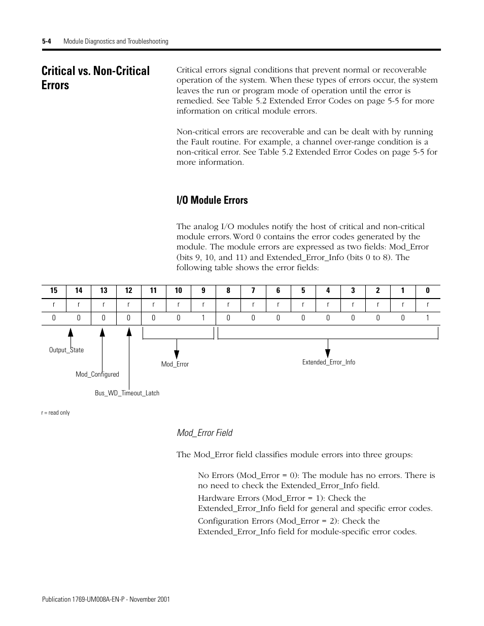 Critical vs. non-critical errors, Critical vs. non-critical errors -4, I/o module errors -4 | I/o module errors, Mod_error field | Rockwell Automation 1769-IF4XOF2 Compact 8-Bit Low Resolution Analog I/O Combination Module User Manual | Page 64 / 104