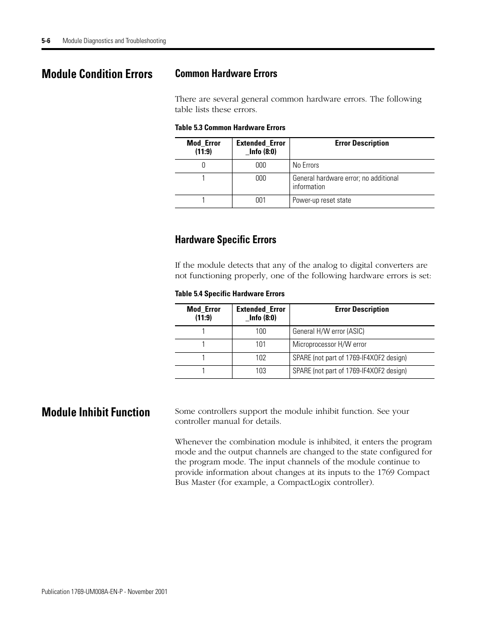 Module condition errors, Module inhibit function, Module condition errors -6 | Module inhibit function -6, Common hardware errors, Hardware specific errors | Rockwell Automation 1769-IF4XOF2 Compact 8-Bit Low Resolution Analog I/O Combination Module User Manual | Page 66 / 104