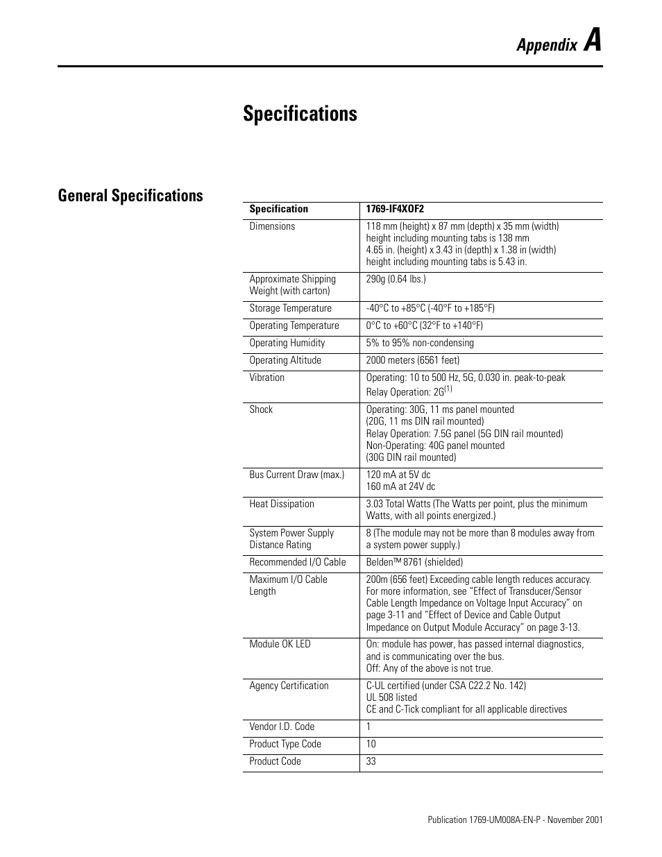 A - specifications, General specifications, Appendix a | Specifications, Appendix | Rockwell Automation 1769-IF4XOF2 Compact 8-Bit Low Resolution Analog I/O Combination Module User Manual | Page 69 / 104