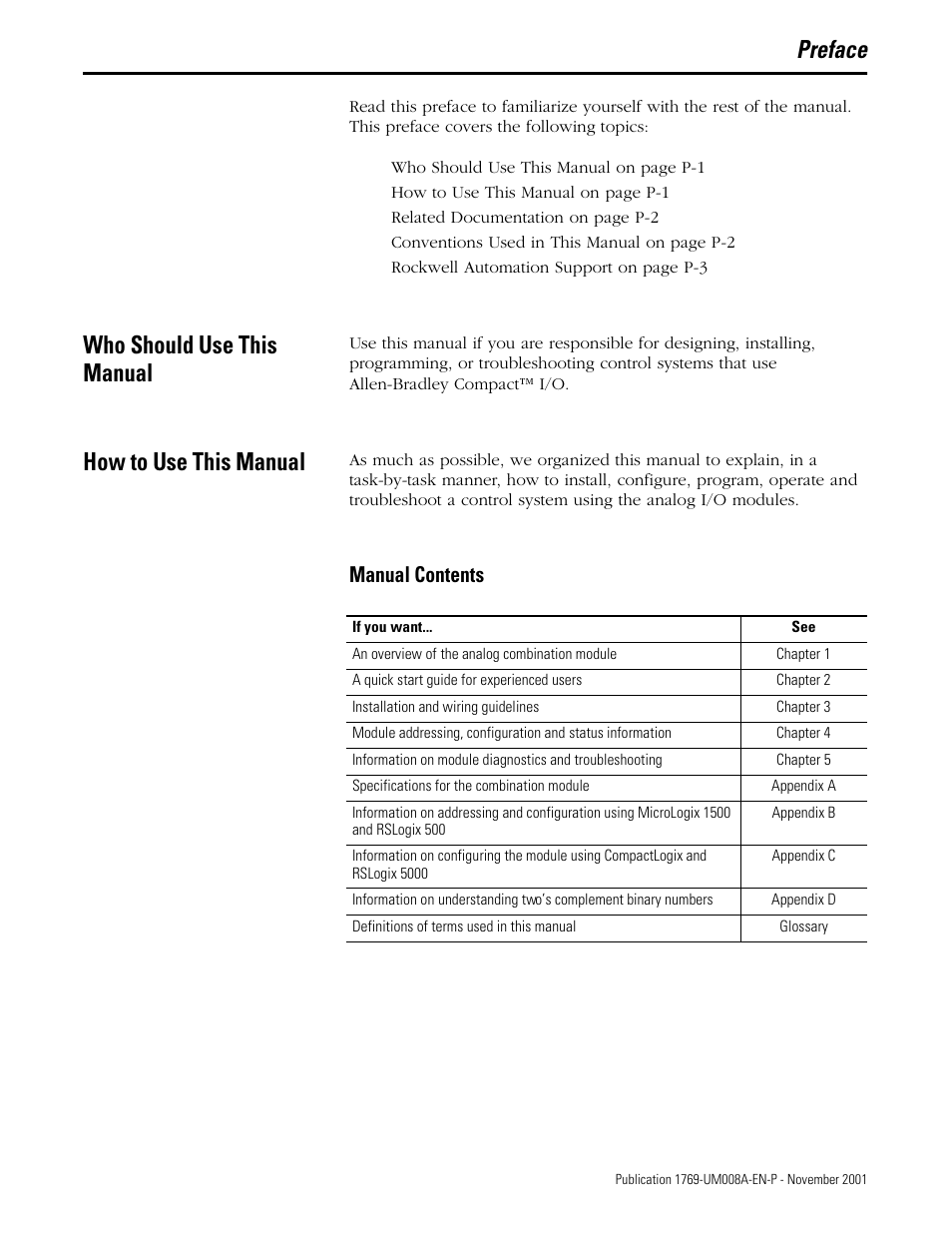 Preface, Who should use this manual, How to use this manual | Manual contents | Rockwell Automation 1769-IF4XOF2 Compact 8-Bit Low Resolution Analog I/O Combination Module User Manual | Page 7 / 104