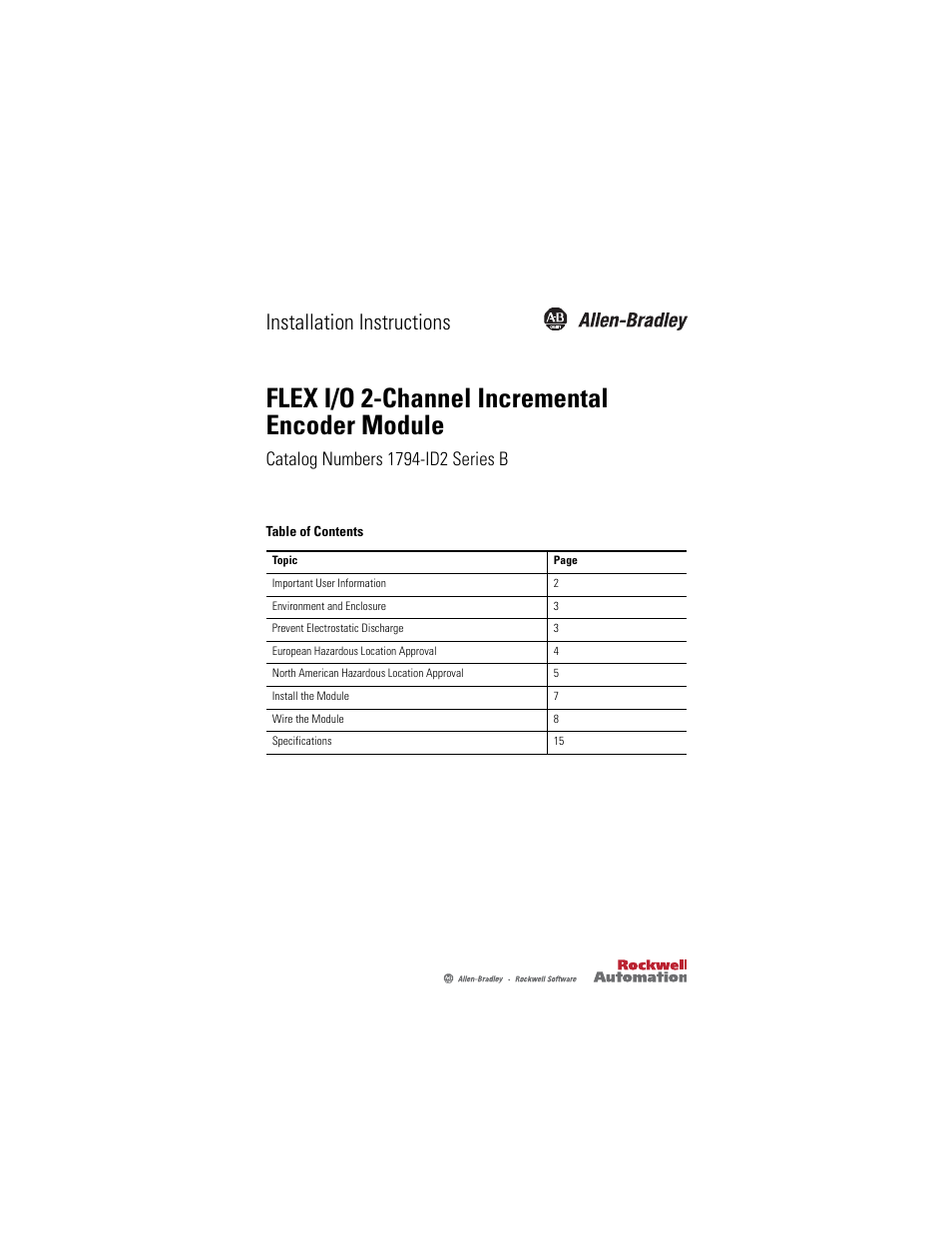 Rockwell Automation 1794-ID2/B INSTALL INSTR 24v FLEX I/O 2 CHANNEL Incremental Encoder Module User Manual | 20 pages