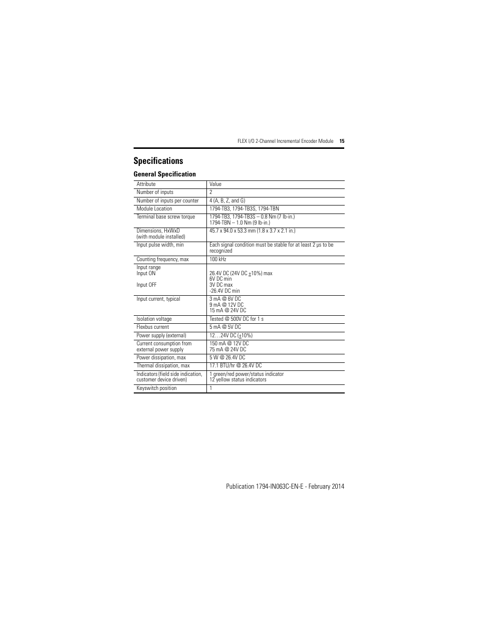 Specifications | Rockwell Automation 1794-ID2/B INSTALL INSTR 24v FLEX I/O 2 CHANNEL Incremental Encoder Module User Manual | Page 15 / 20