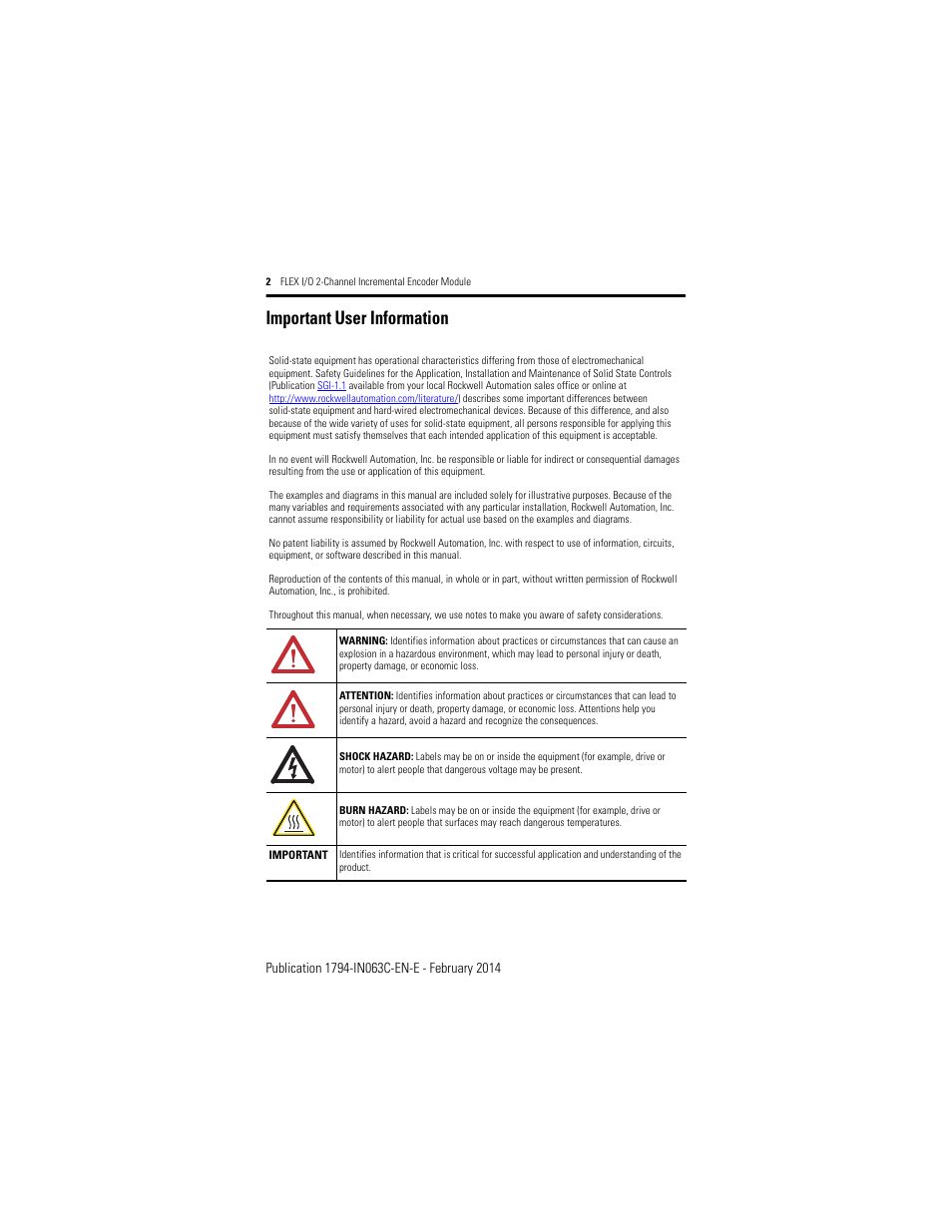 Important user information | Rockwell Automation 1794-ID2/B INSTALL INSTR 24v FLEX I/O 2 CHANNEL Incremental Encoder Module User Manual | Page 2 / 20