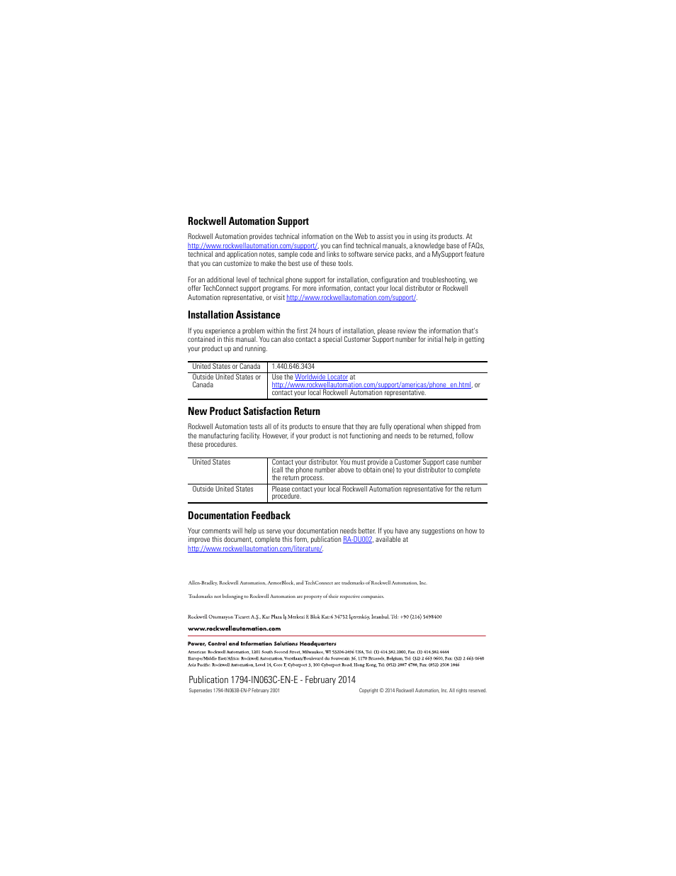 Back cover, Rockwell automation support, Installation assistance | New product satisfaction return, Documentation feedback | Rockwell Automation 1794-ID2/B INSTALL INSTR 24v FLEX I/O 2 CHANNEL Incremental Encoder Module User Manual | Page 20 / 20