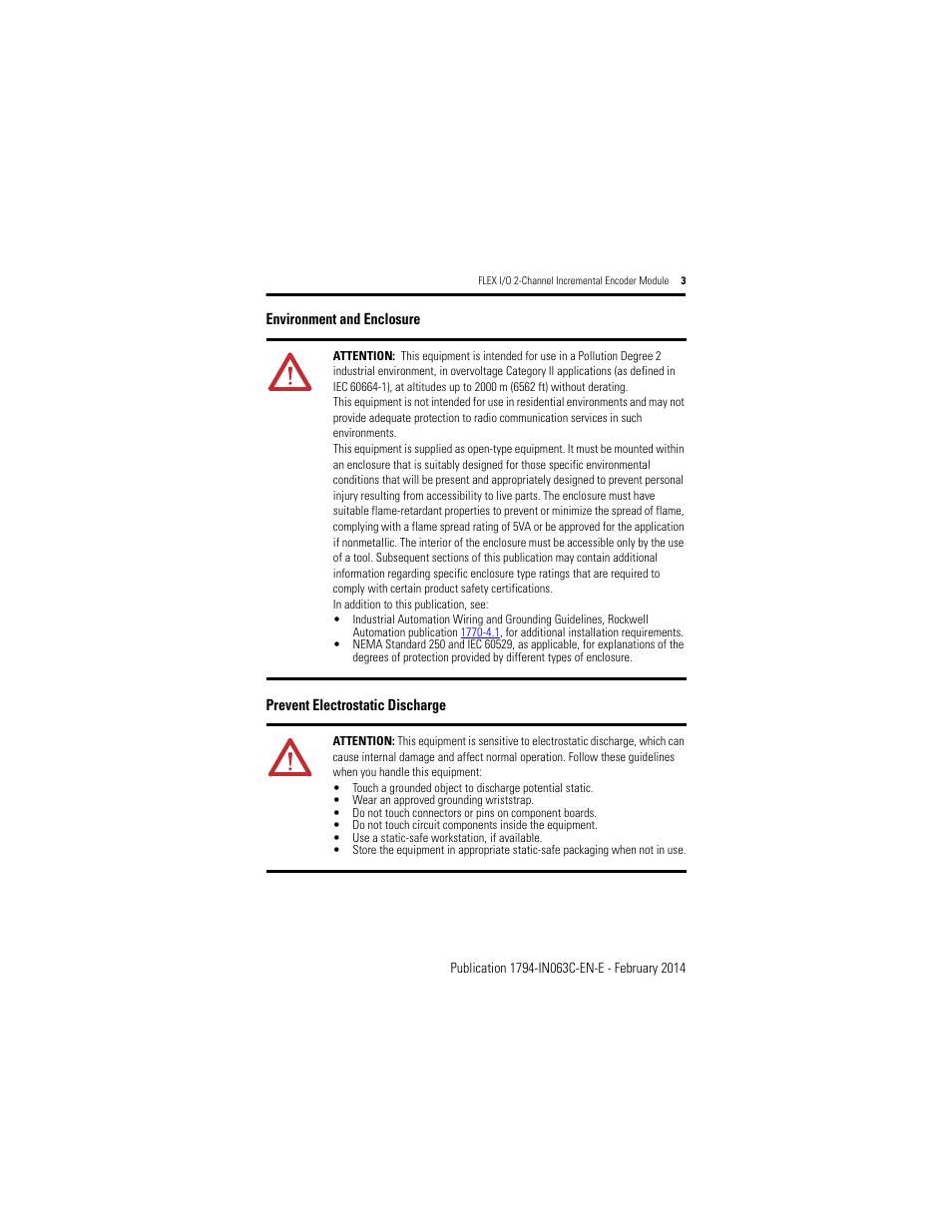 Environment and enclosure, Prevent electrostatic discharge | Rockwell Automation 1794-ID2/B INSTALL INSTR 24v FLEX I/O 2 CHANNEL Incremental Encoder Module User Manual | Page 3 / 20