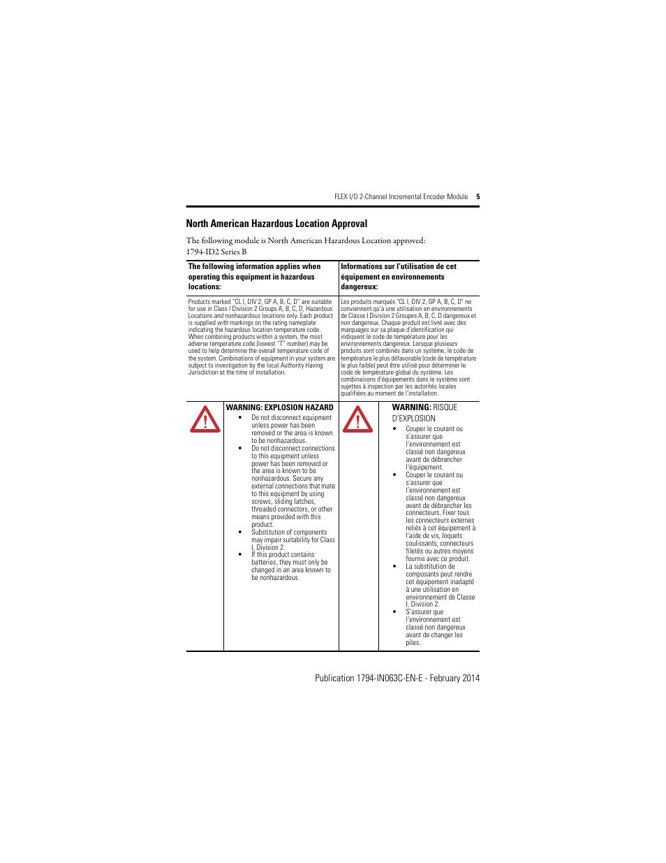 North american hazardous location approval | Rockwell Automation 1794-ID2/B INSTALL INSTR 24v FLEX I/O 2 CHANNEL Incremental Encoder Module User Manual | Page 5 / 20