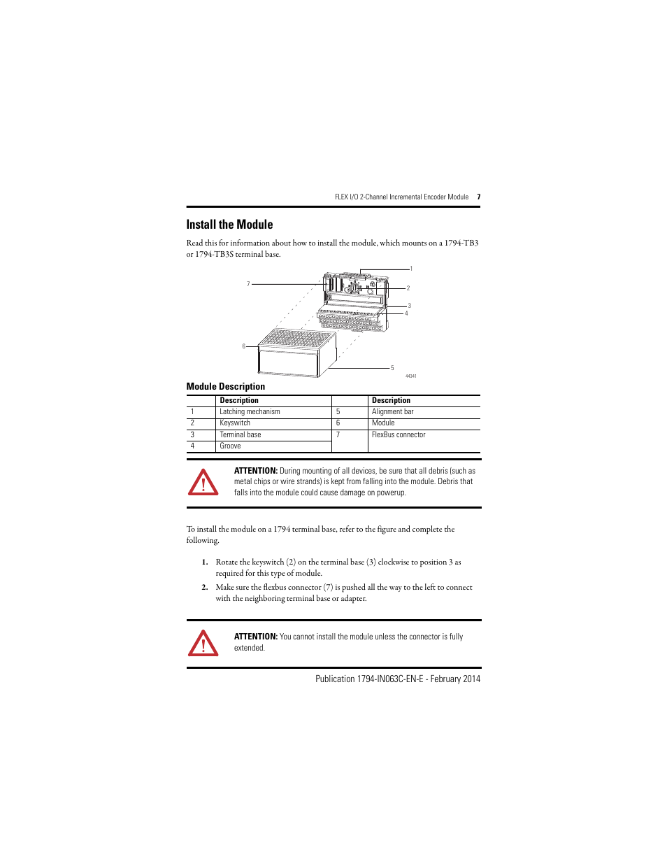 Install the module | Rockwell Automation 1794-ID2/B INSTALL INSTR 24v FLEX I/O 2 CHANNEL Incremental Encoder Module User Manual | Page 7 / 20