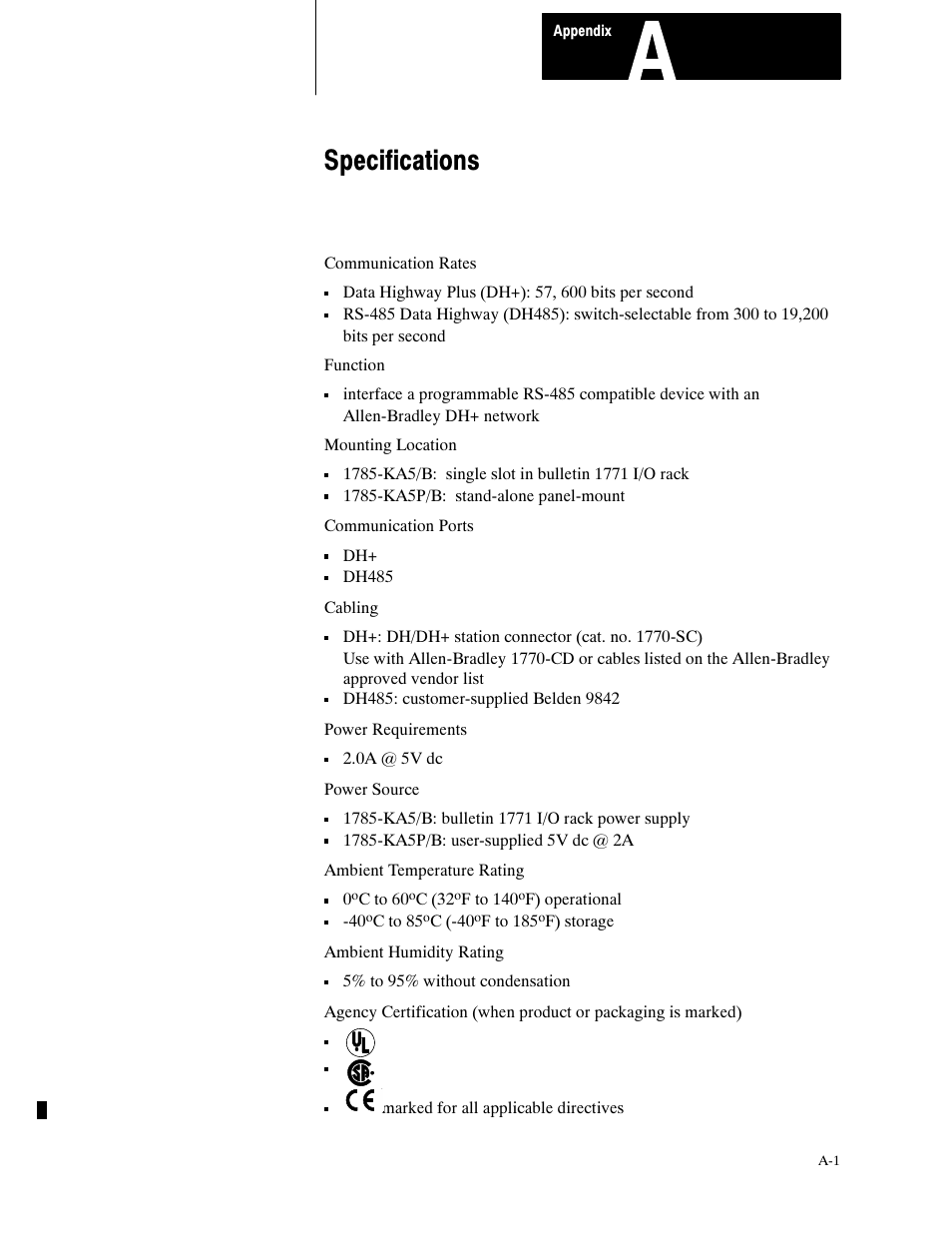 A - specifications, 6shflilfdwlrqv | Rockwell Automation 1785-KA5P/B DHP COMM. ADAPATER MOD. User Manual | Page 46 / 48