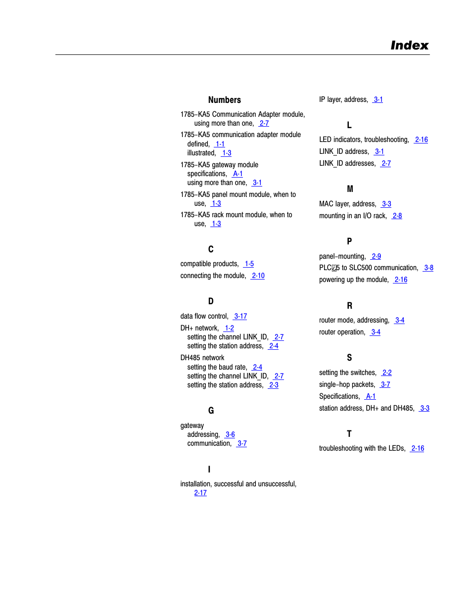 Index | Rockwell Automation 1785-KA5P/B DHP COMM. ADAPATER MOD. User Manual | Page 47 / 48