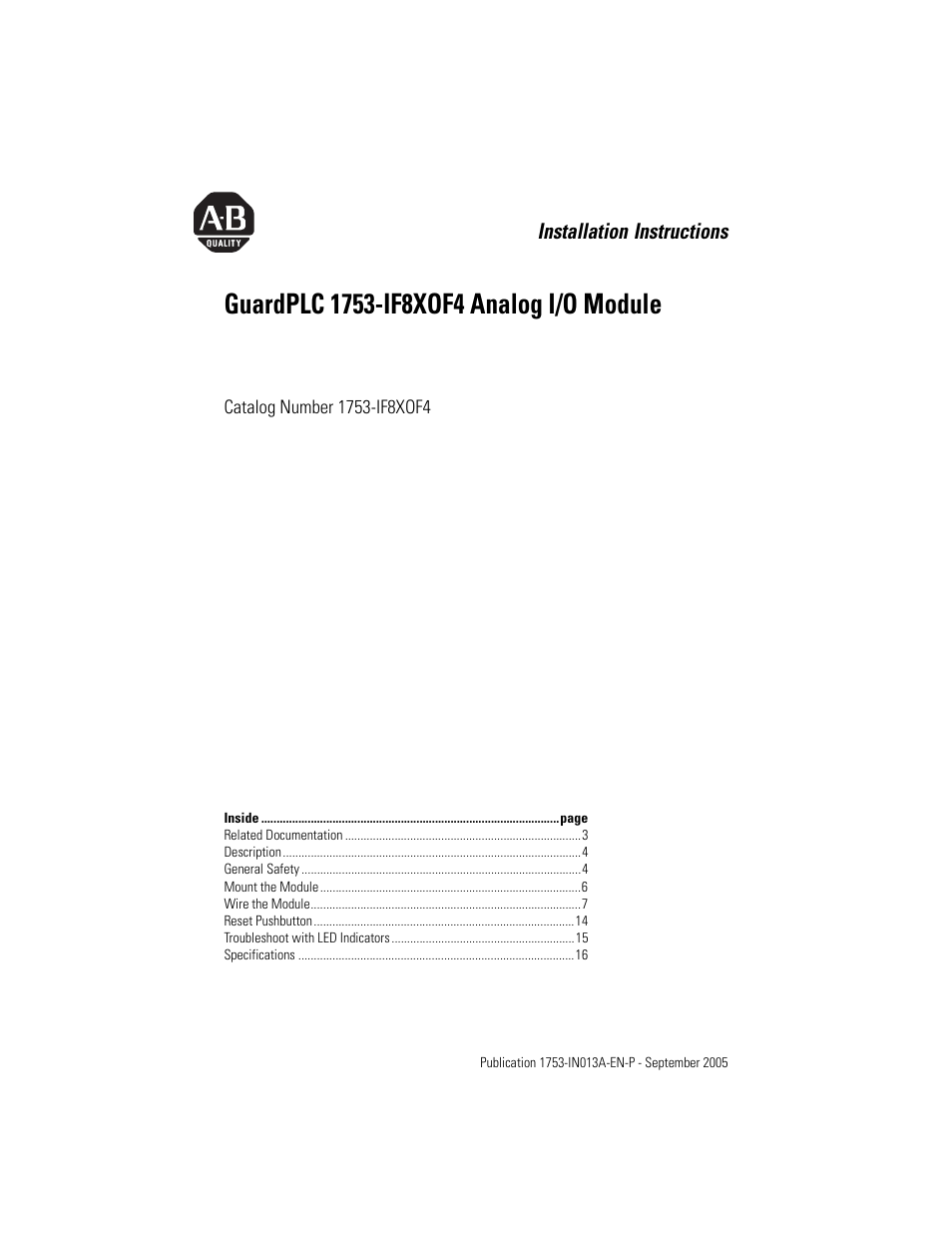 Rockwell Automation 1753-IF8XOF4 GuardPLC 1753-IF8XOF4 Analog I/O Module User Manual | 20 pages