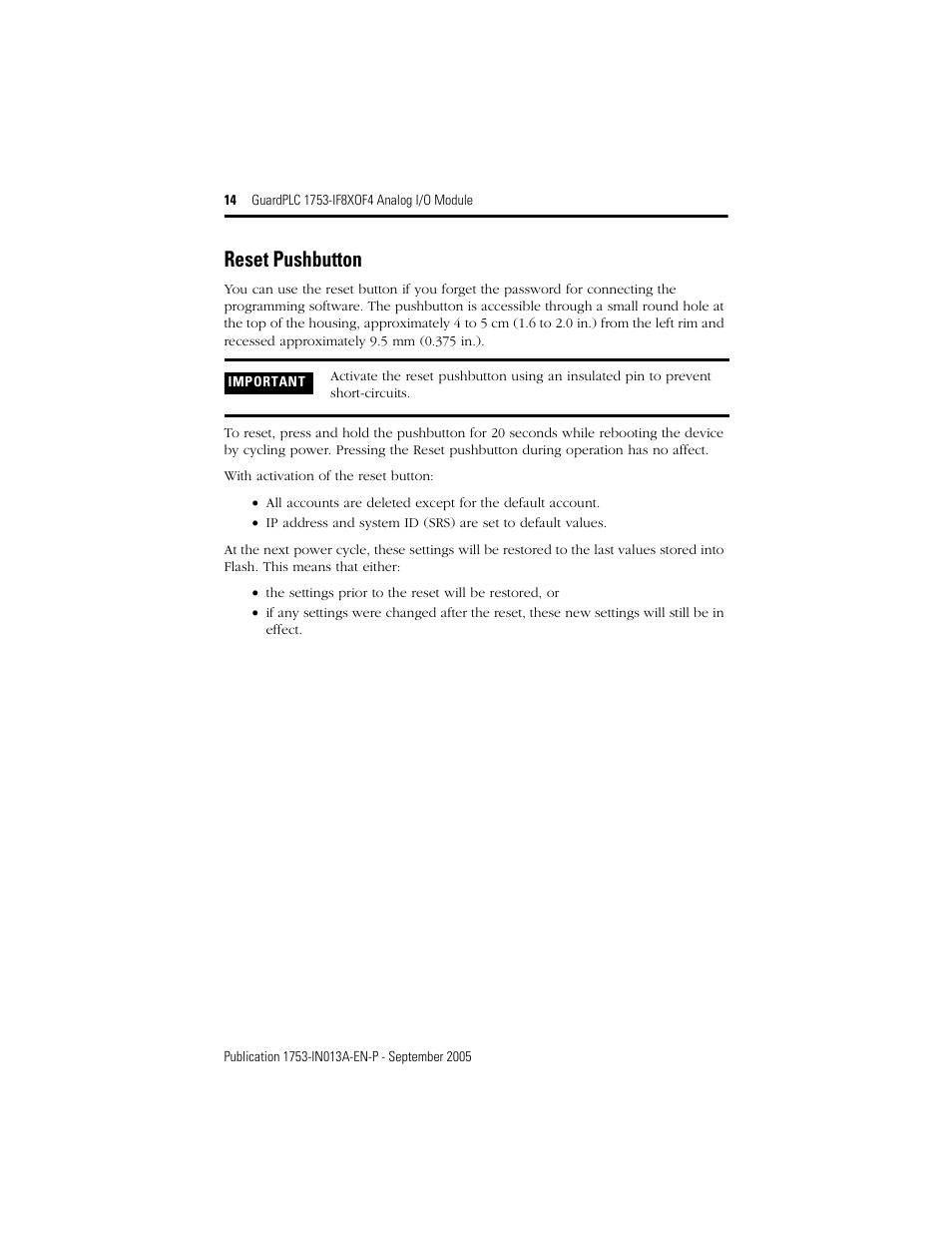 Reset pushbutton | Rockwell Automation 1753-IF8XOF4 GuardPLC 1753-IF8XOF4 Analog I/O Module User Manual | Page 14 / 20