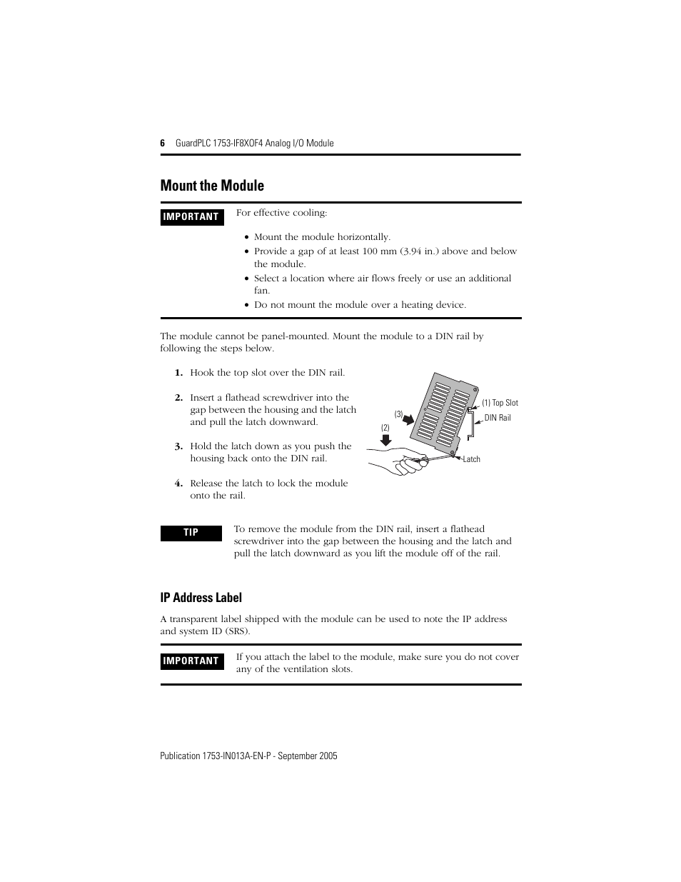Mount the module, Ip address label | Rockwell Automation 1753-IF8XOF4 GuardPLC 1753-IF8XOF4 Analog I/O Module User Manual | Page 6 / 20