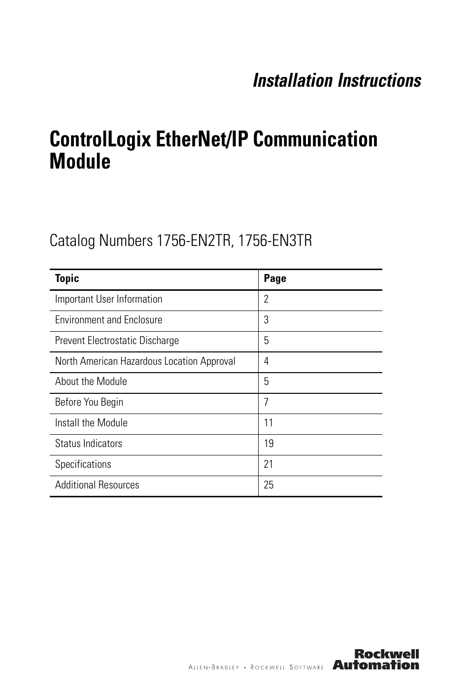 Rockwell Automation 1756-EN3TR ControlLogix EtherNet/IP Communication Module Installation Instructions User Manual | 28 pages