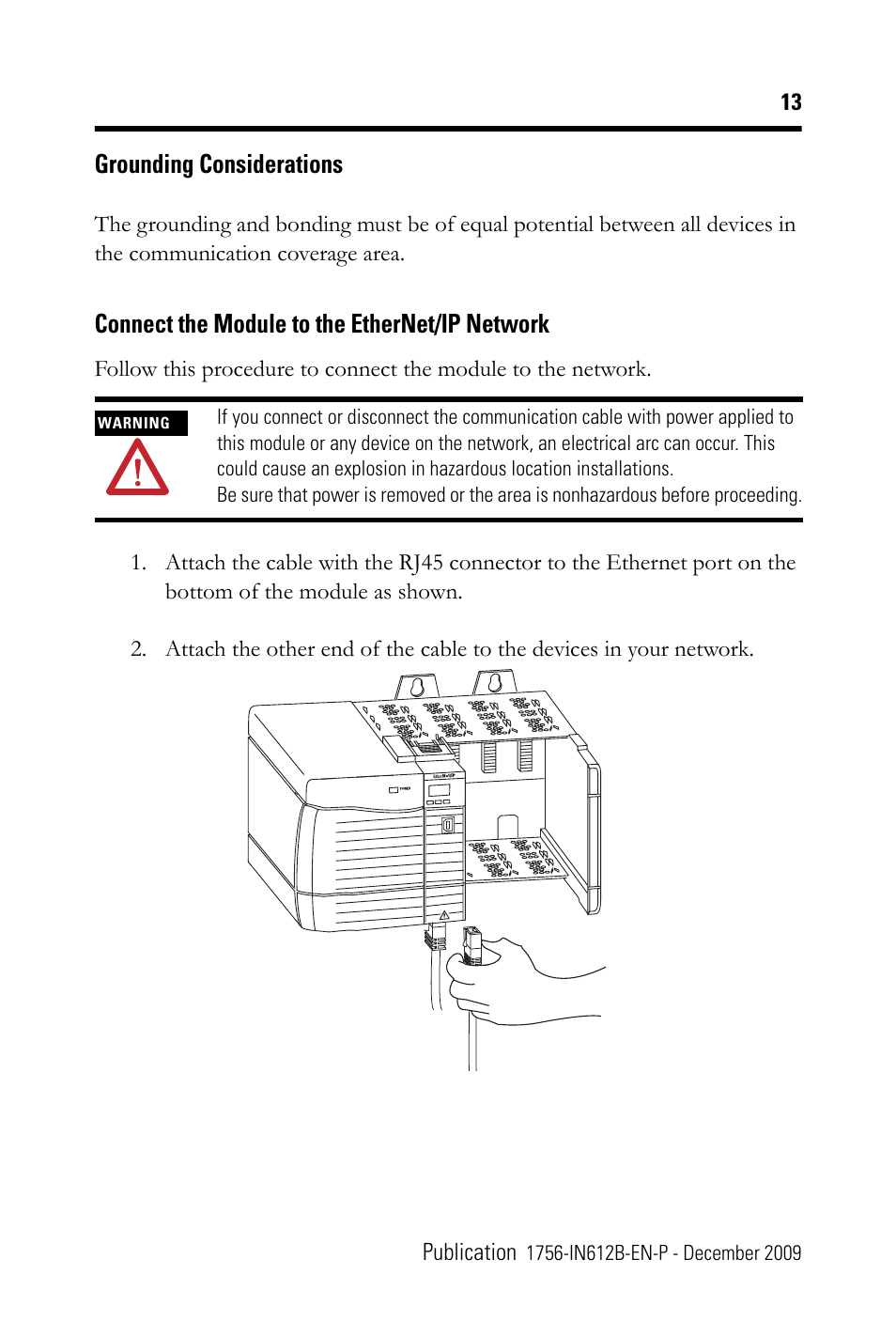 Grounding considerations, Connect the module to the ethernet/ip network | Rockwell Automation 1756-EN3TR ControlLogix EtherNet/IP Communication Module Installation Instructions User Manual | Page 13 / 28