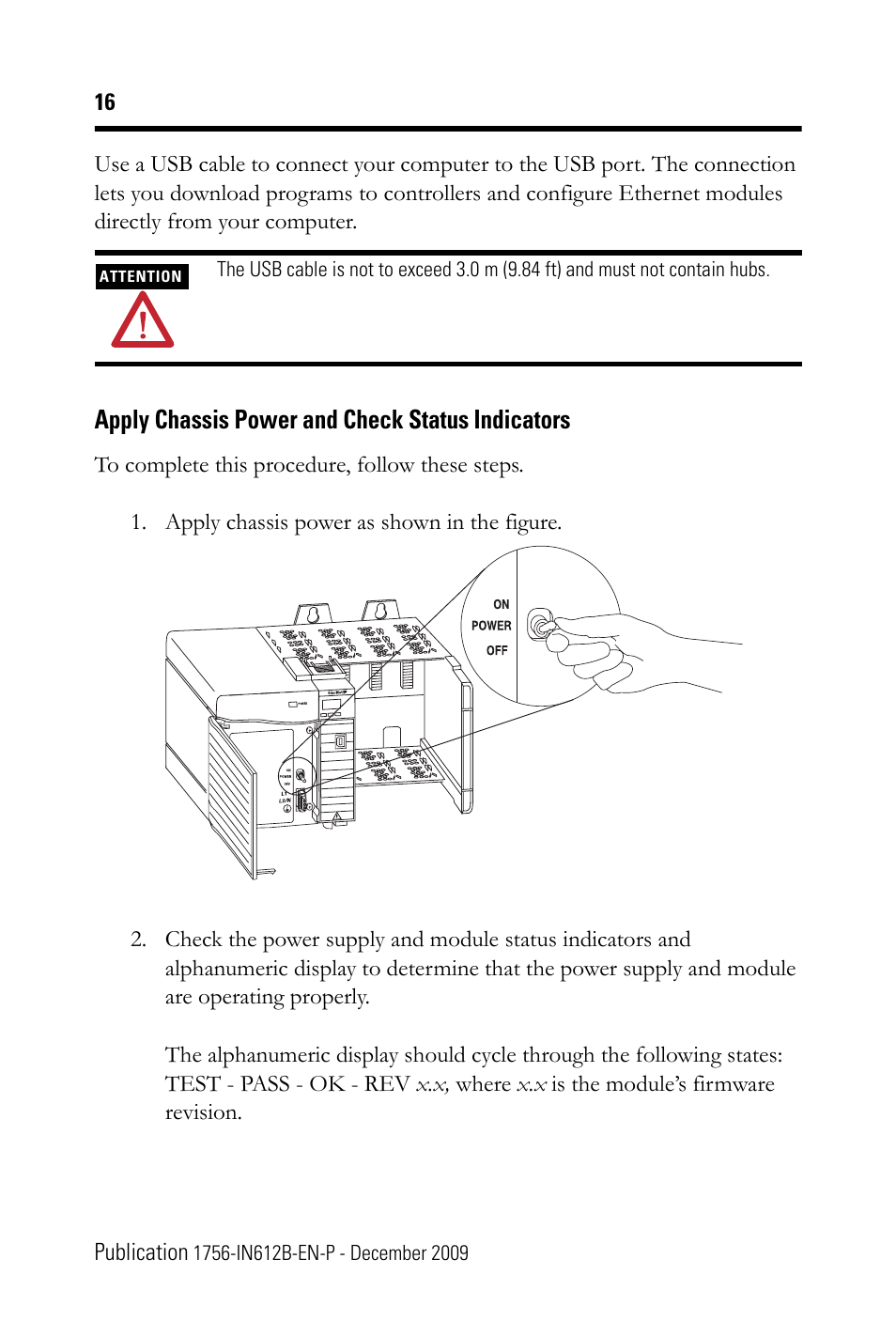 Apply chassis power and check status indicators | Rockwell Automation 1756-EN3TR ControlLogix EtherNet/IP Communication Module Installation Instructions User Manual | Page 16 / 28