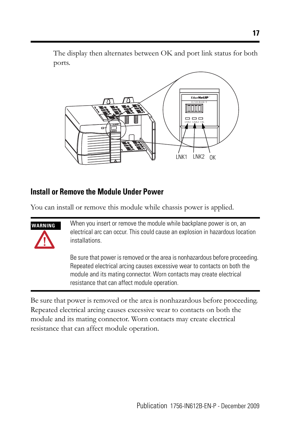 Install or remove the module under power, 17 publication | Rockwell Automation 1756-EN3TR ControlLogix EtherNet/IP Communication Module Installation Instructions User Manual | Page 17 / 28