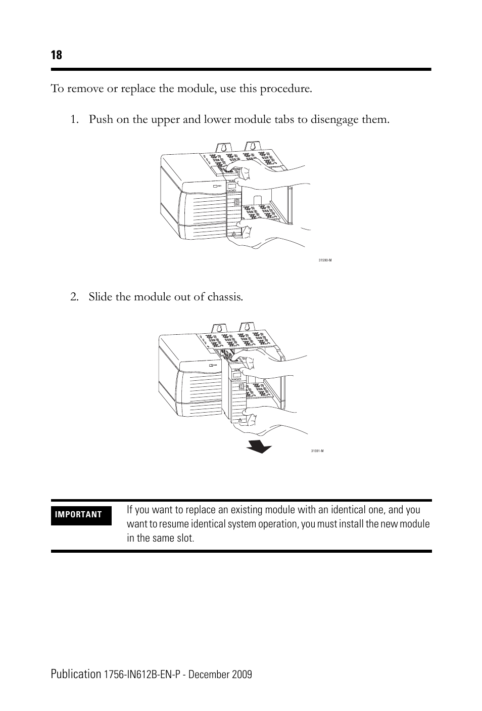 18 publication, Slide the module out of chassis | Rockwell Automation 1756-EN3TR ControlLogix EtherNet/IP Communication Module Installation Instructions User Manual | Page 18 / 28