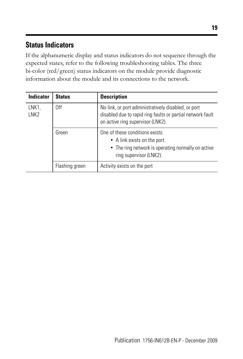 Status indicators | Rockwell Automation 1756-EN3TR ControlLogix EtherNet/IP Communication Module Installation Instructions User Manual | Page 19 / 28