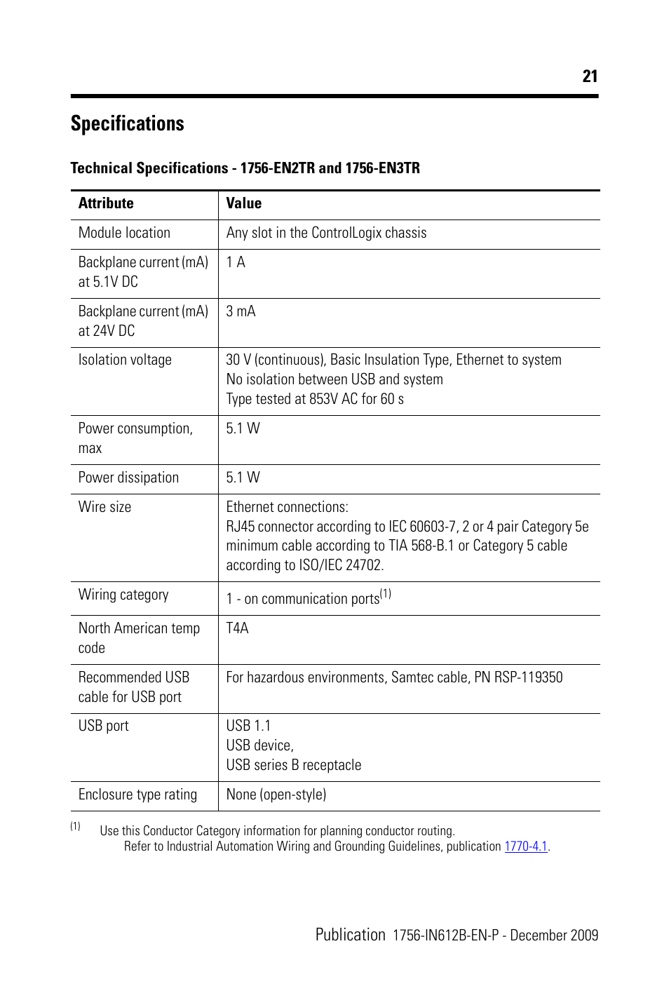 Specifications, Specifications 21 | Rockwell Automation 1756-EN3TR ControlLogix EtherNet/IP Communication Module Installation Instructions User Manual | Page 21 / 28