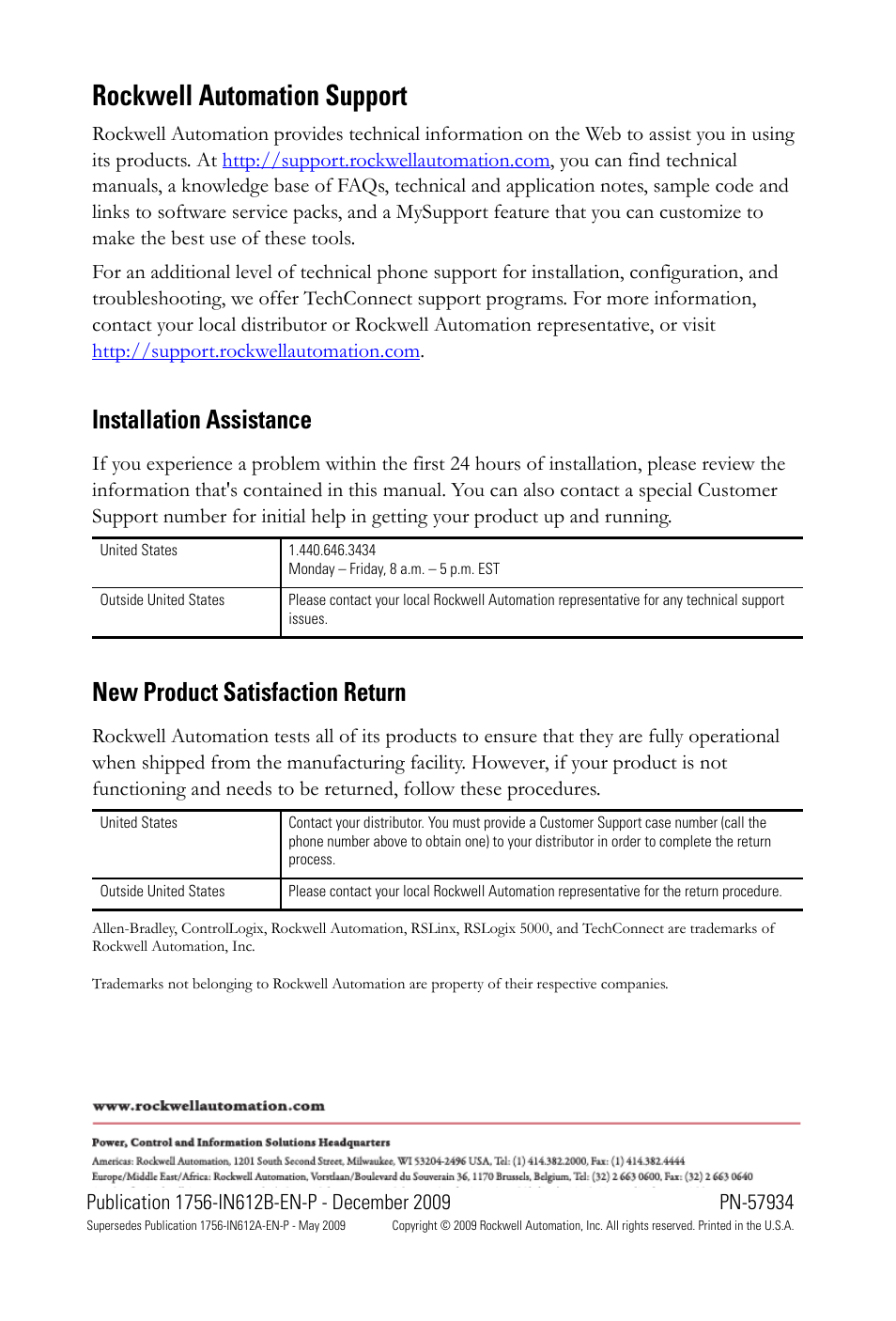 Back cover, Rockwell automation support, Installation assistance | New product satisfaction return | Rockwell Automation 1756-EN3TR ControlLogix EtherNet/IP Communication Module Installation Instructions User Manual | Page 28 / 28