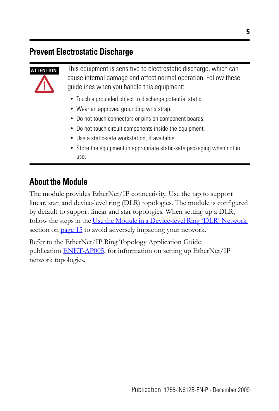 Prevent electrostatic discharge, About the module, Prevent electrostatic discharge about the module | Rockwell Automation 1756-EN3TR ControlLogix EtherNet/IP Communication Module Installation Instructions User Manual | Page 5 / 28