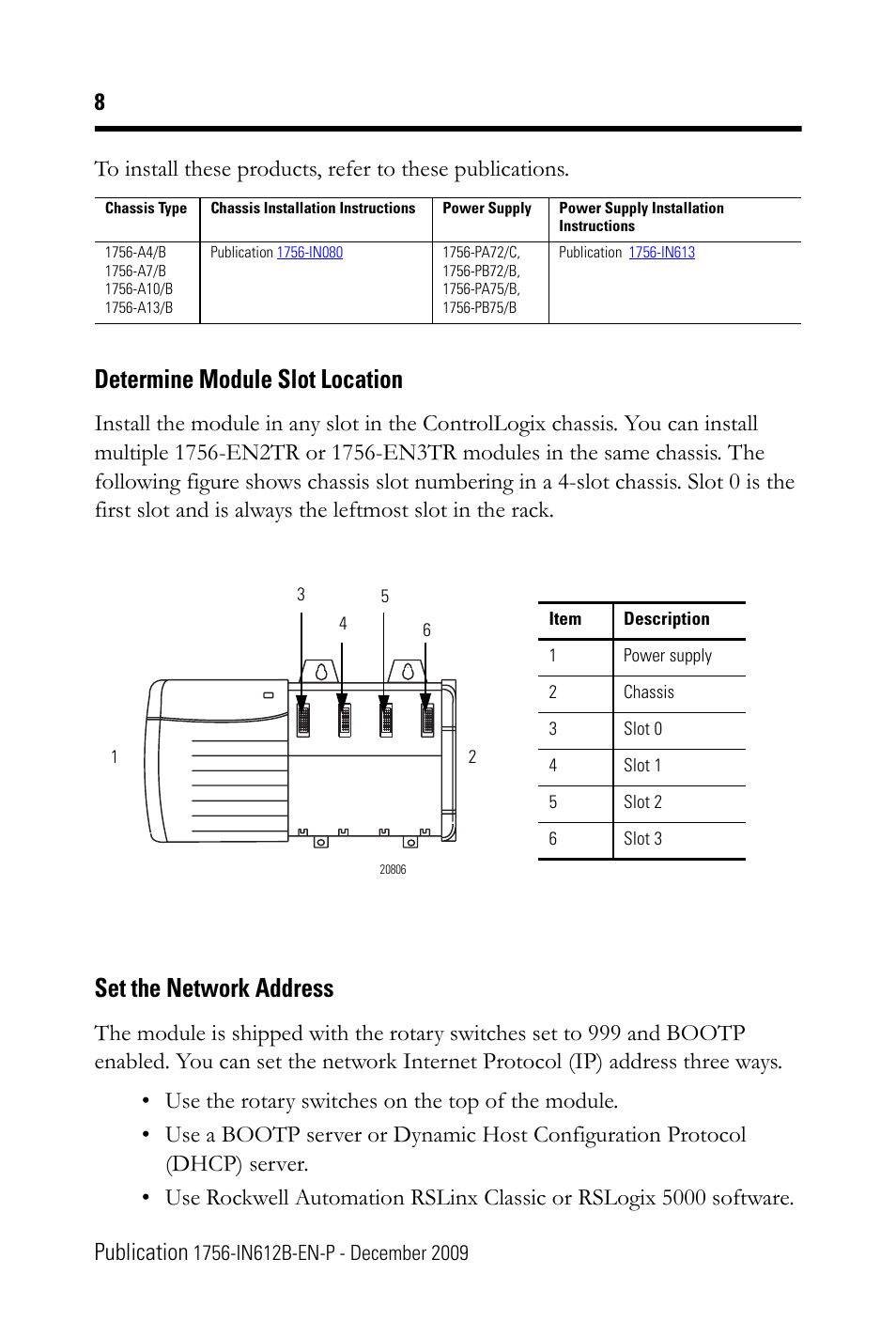 Determine module slot location, Set the network address, 8publication | Rockwell Automation 1756-EN3TR ControlLogix EtherNet/IP Communication Module Installation Instructions User Manual | Page 8 / 28