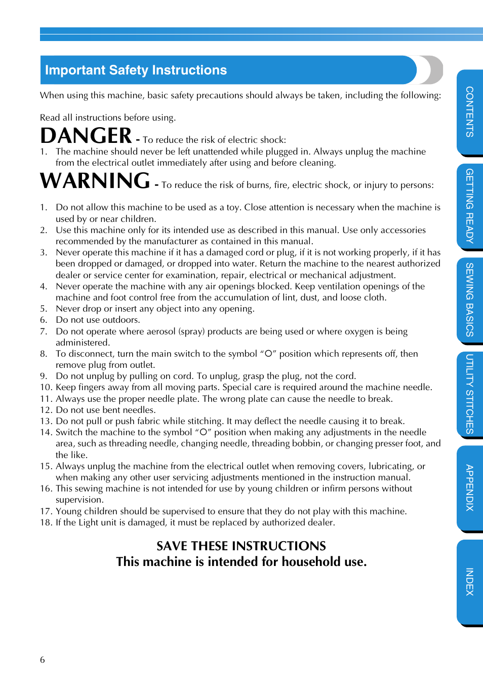 Important safety instructions, Danger, Warning | Brother NX-400 User Manual | Page 12 / 153