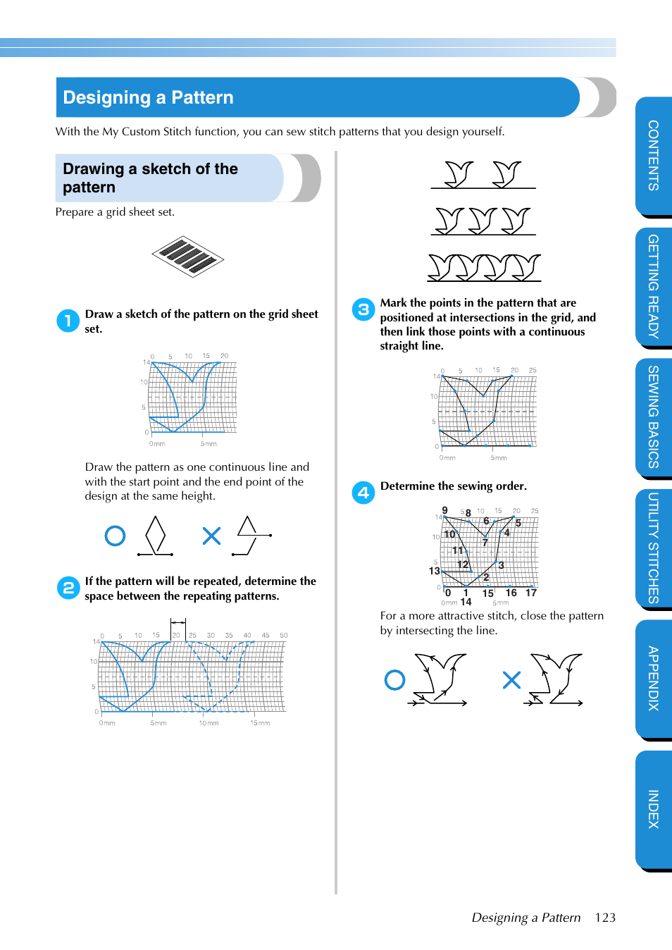 Designing a pattern, Drawing a sketch of the pattern | Brother NX-400 User Manual | Page 129 / 153